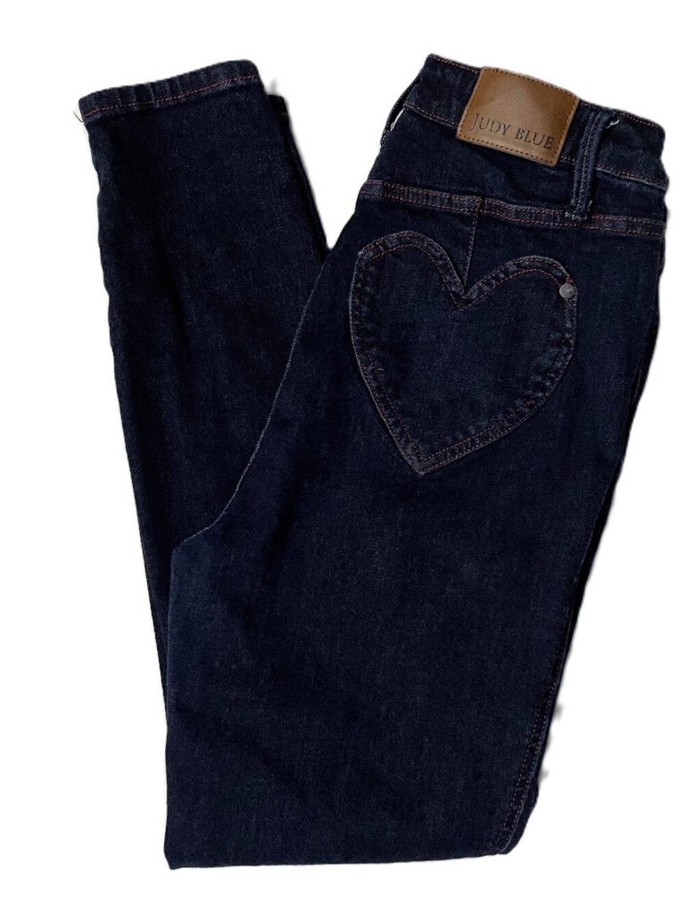 Judy Blue Jeans 9/29 Dark Wash Skinny Heart Pocket Red Stitch Whimsical Romantic